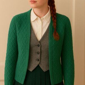 VTG 60s Green Cardigan Sweater Fits Sz M Textured Knit Open Front Boxy Cozy Wool